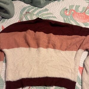 SHEIN Striped Crewneck Sweater in Burgundy, Rose, Cream